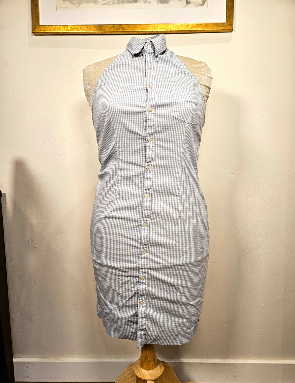 Vintage Ralph Lauren Gingham Halter Dress Blue White Button Down Womens 4